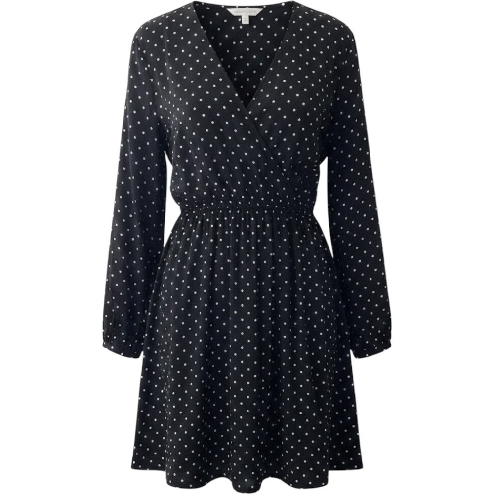 XL OLD NAVY Women's faux wrap long sleeve black white polka dot rayon dress mini
